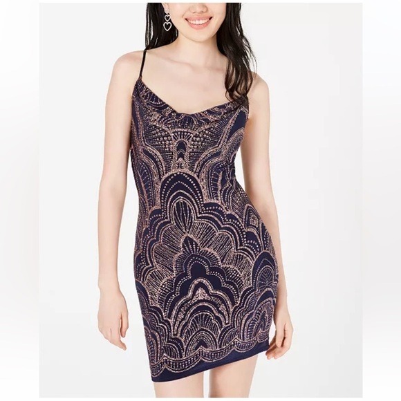 Jump' Glitter Bodycon dress -print Women Junior Party stretch mini blue M - Picture 1 of 9